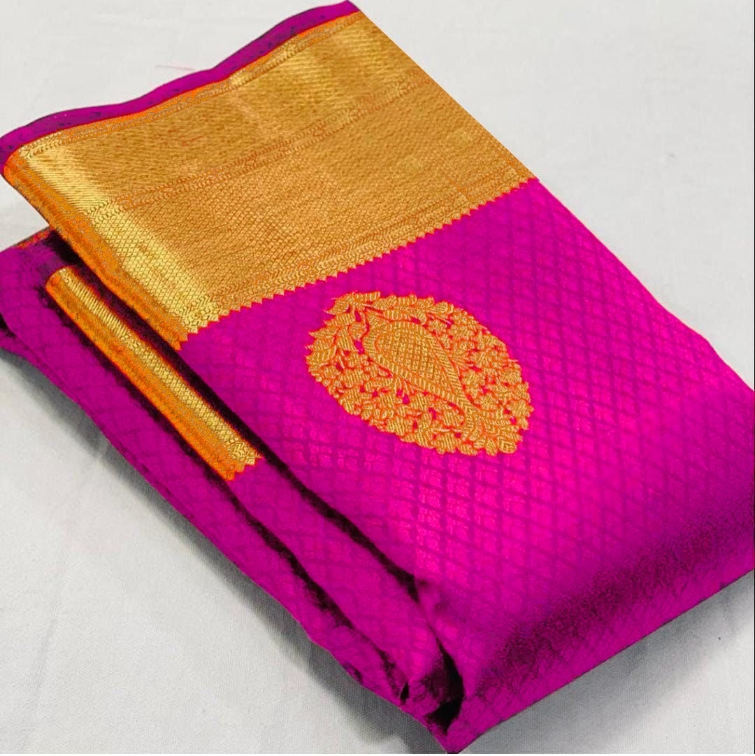 Captivating Dark Pink Color Banarasi Soft Silk Saree With Blouse Piece