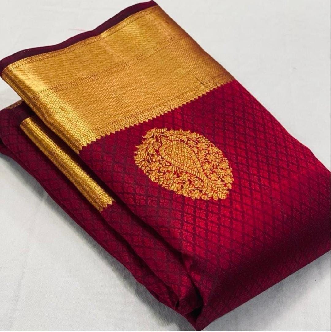 Enrapturing Maroon Color Banarasi Soft Silk Saree With Blouse Piece