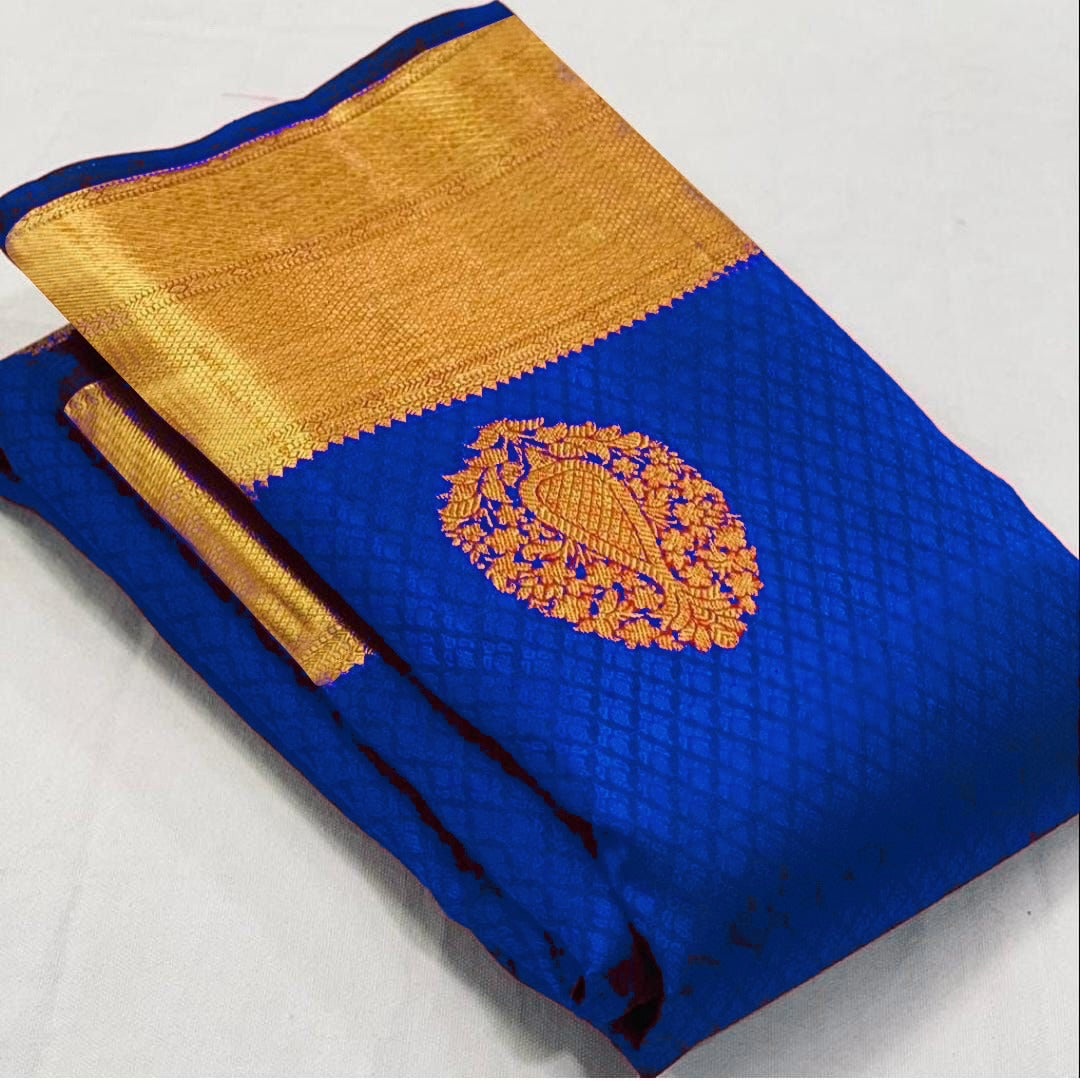 Paradisiacal Royal Blue Color Banarasi Soft Silk Saree With Blouse Piece