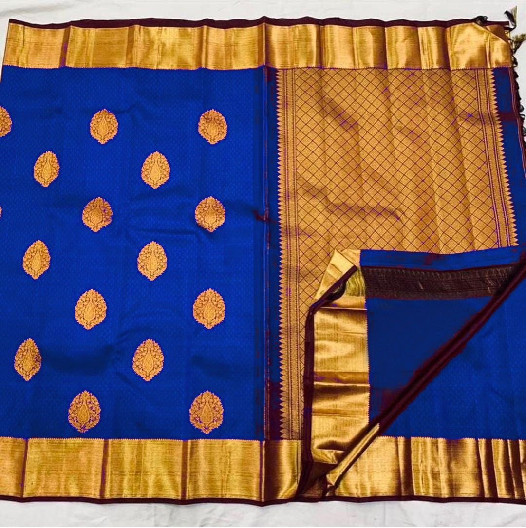 Paradisiacal Royal Blue Color Banarasi Soft Silk Saree With Blouse Piece