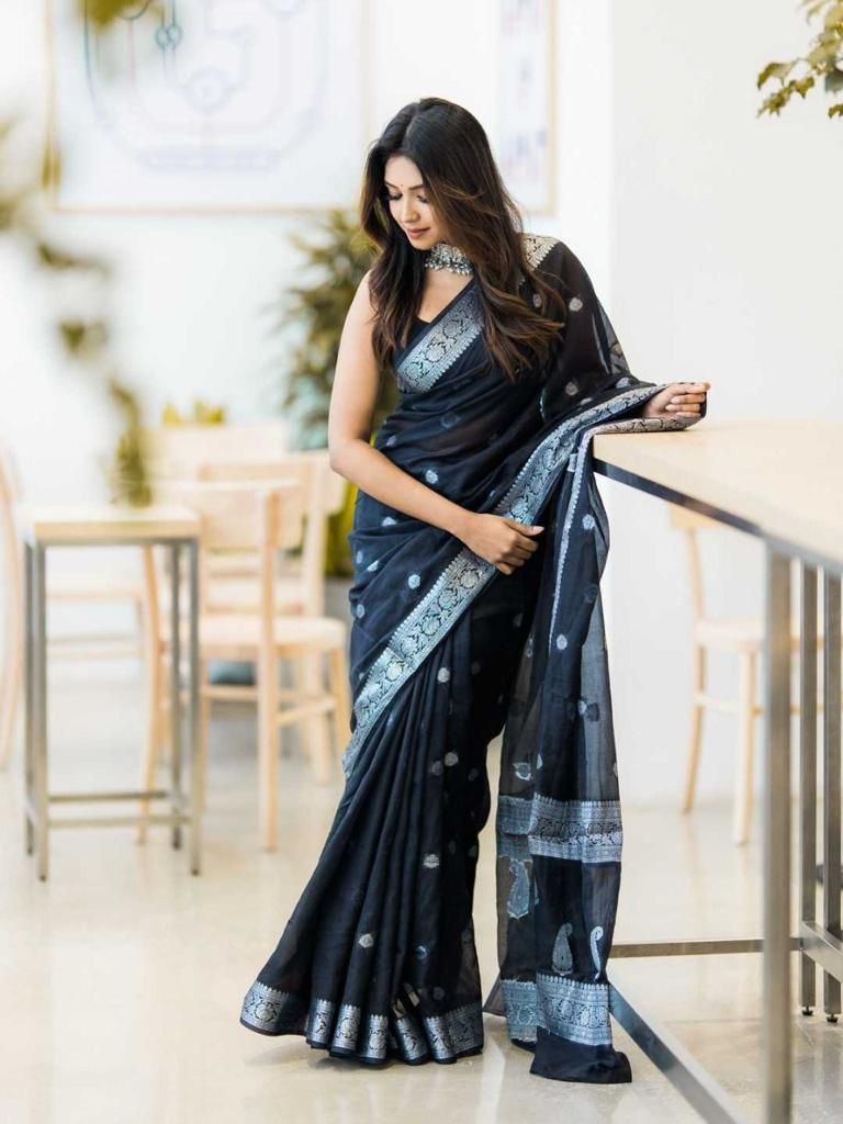 Glazed Black Color Soft Lichi Silk Saree With Blouse Piece