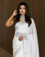 Glistening White Color Soft Lichi Silk Saree With Blouse Piece