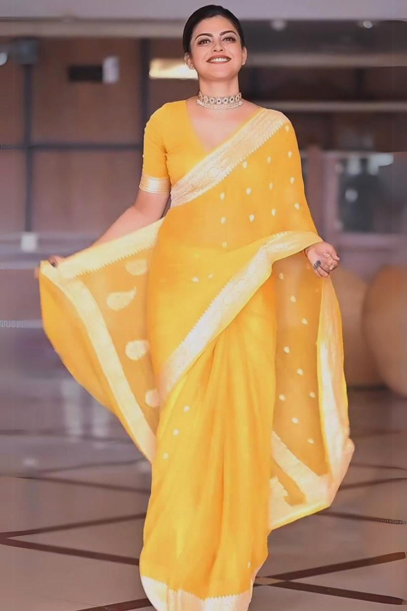 Enigmatic Yellow Color Soft Lichi Silk Saree With Blouse Piece