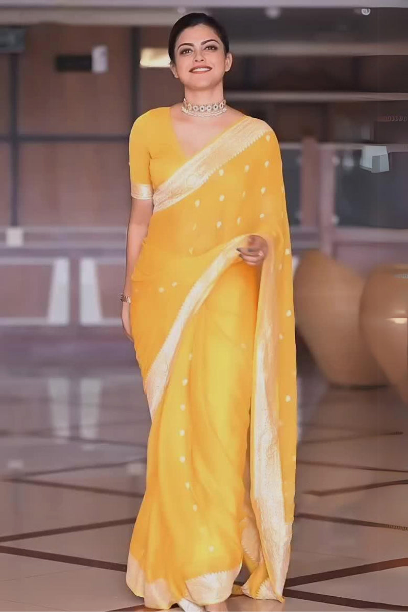 Enigmatic Yellow Color Soft Lichi Silk Saree With Blouse Piece