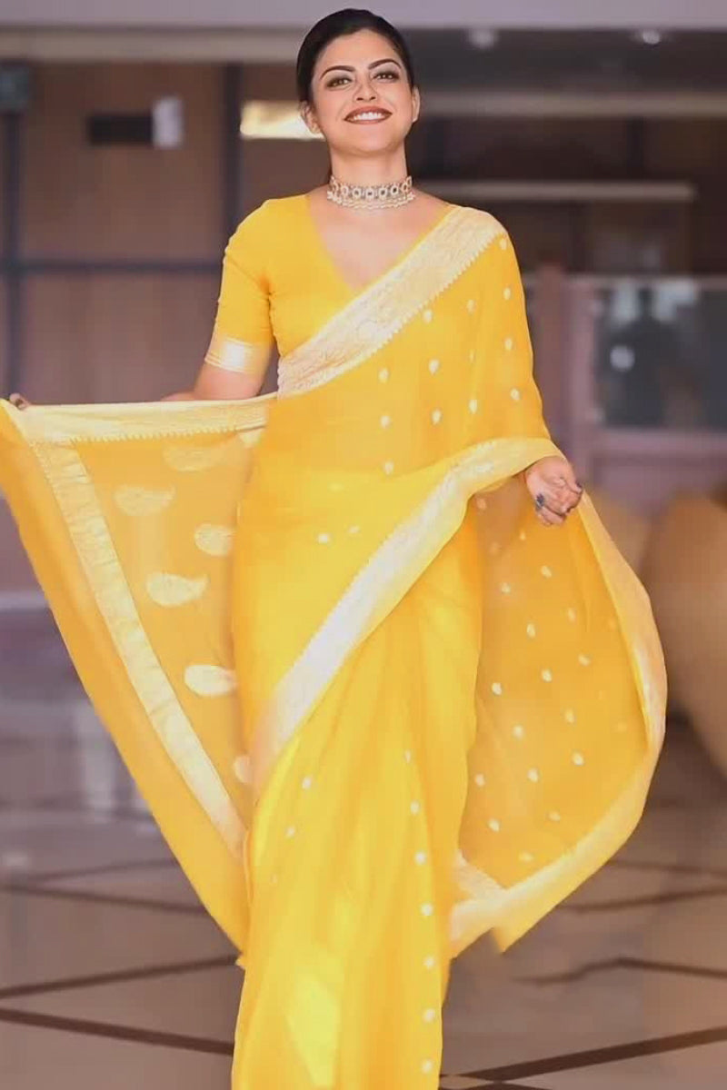 Enigmatic Yellow Color Soft Lichi Silk Saree With Blouse Piece