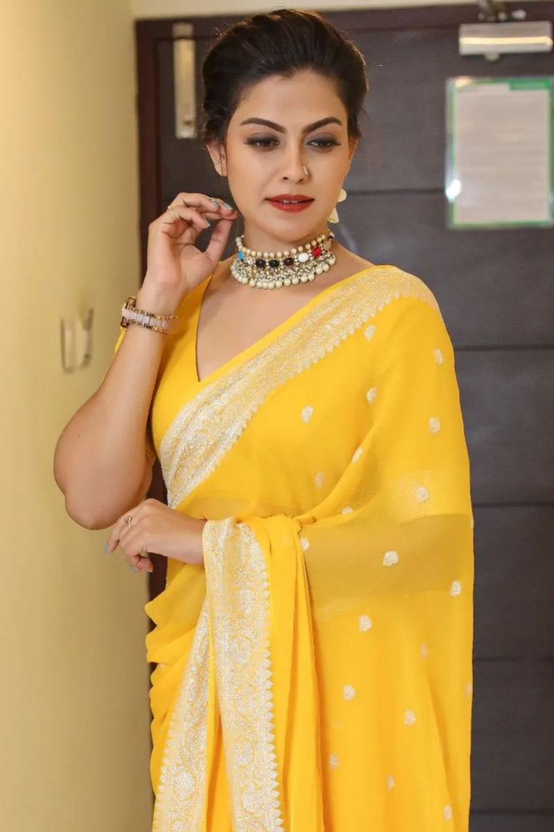 Enigmatic Yellow Color Soft Lichi Silk Saree With Blouse Piece