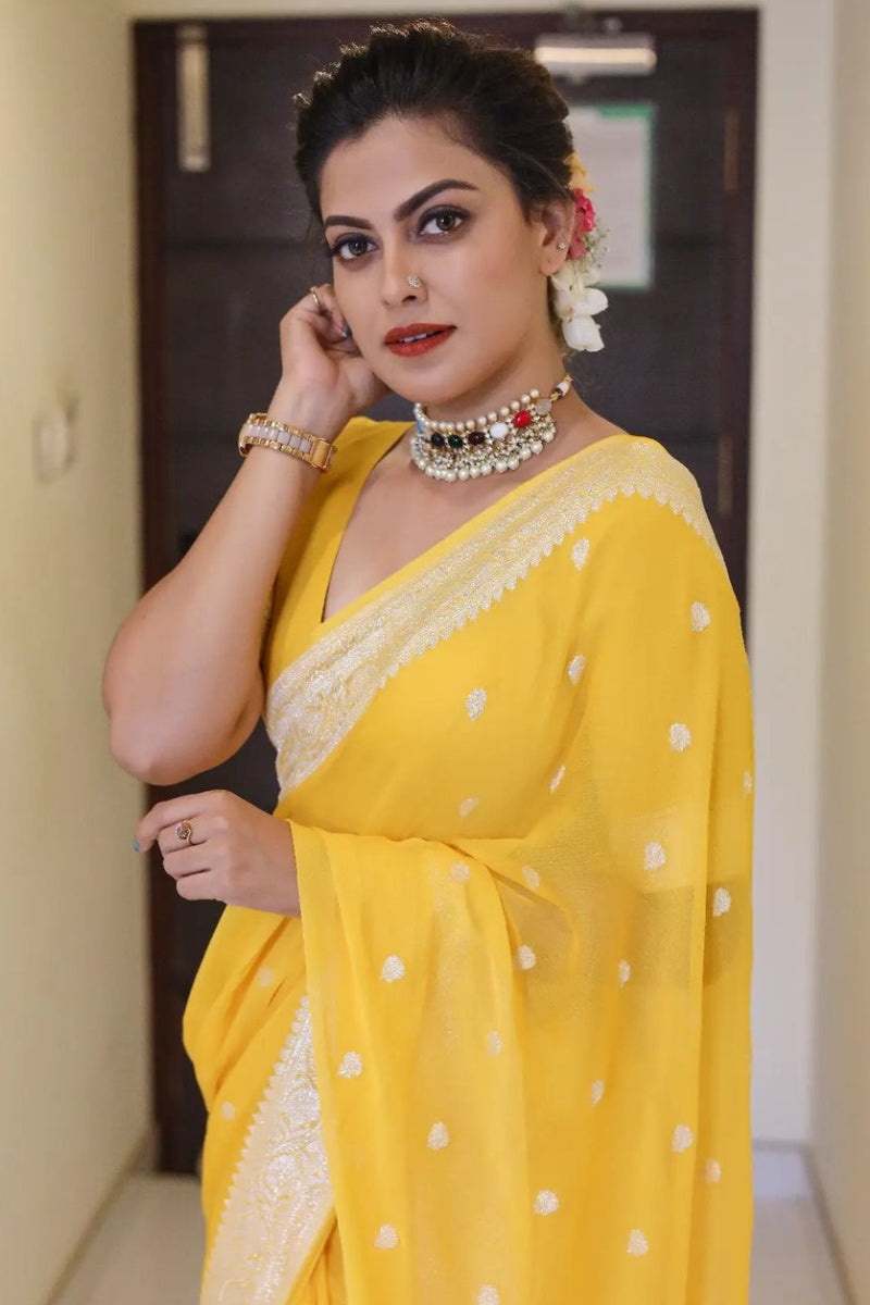 Enigmatic Yellow Color Soft Lichi Silk Saree With Blouse Piece