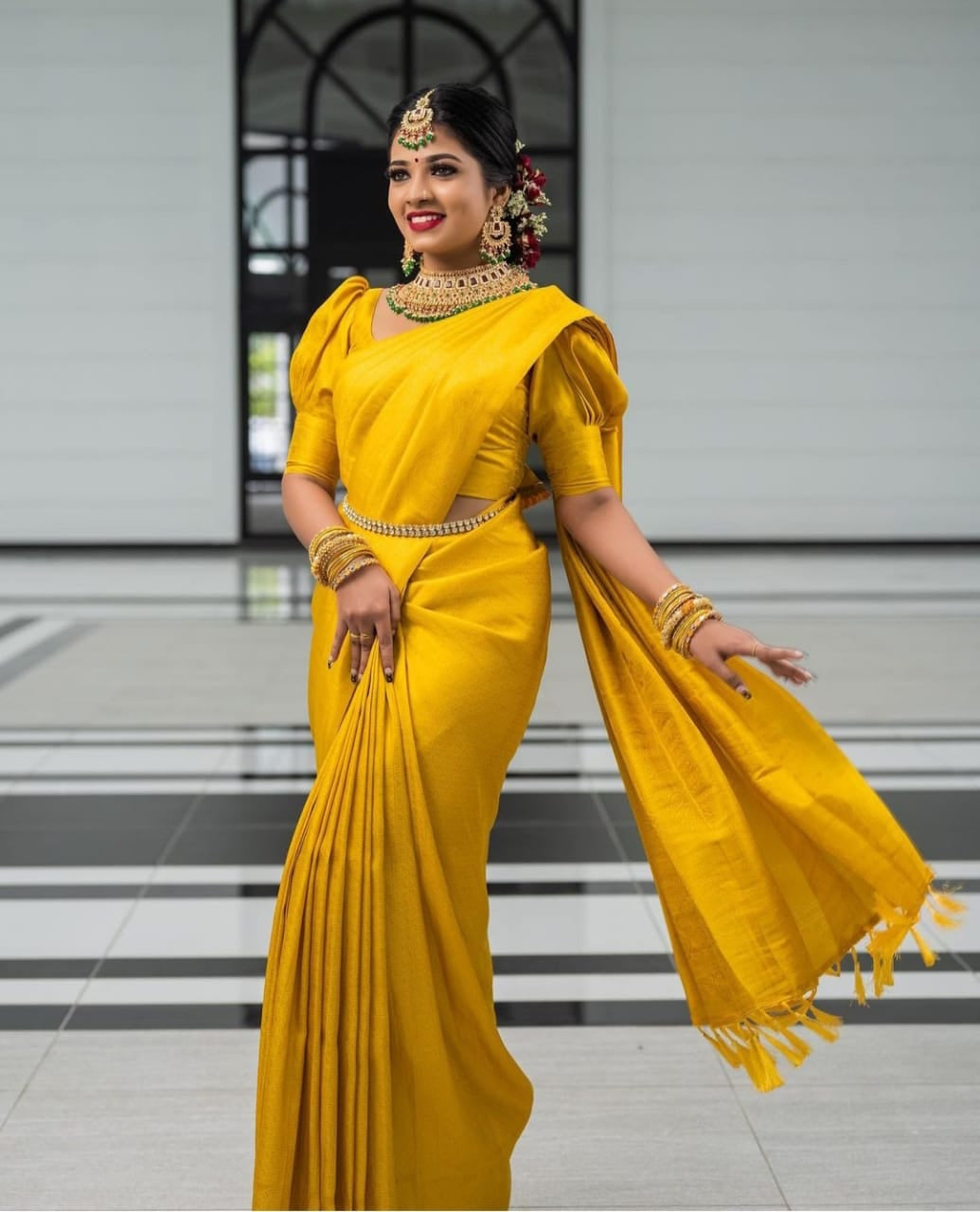 Elegance Yellow Color Soft Lichi Silk Saree With Blouse Piece