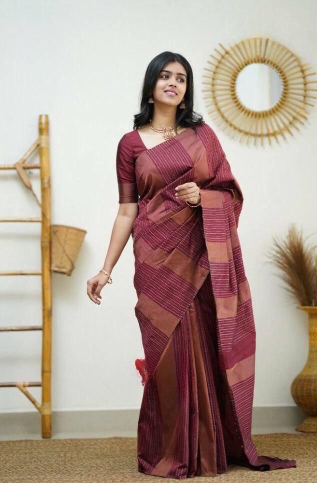 Energetic Maroon Color Soft Lichi Silk Saree With Blouse Piece