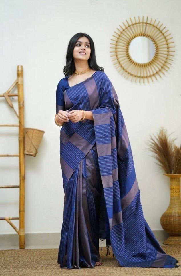 Graceful Navy Blue Color Soft Lichi Silk Saree With Blouse Piece