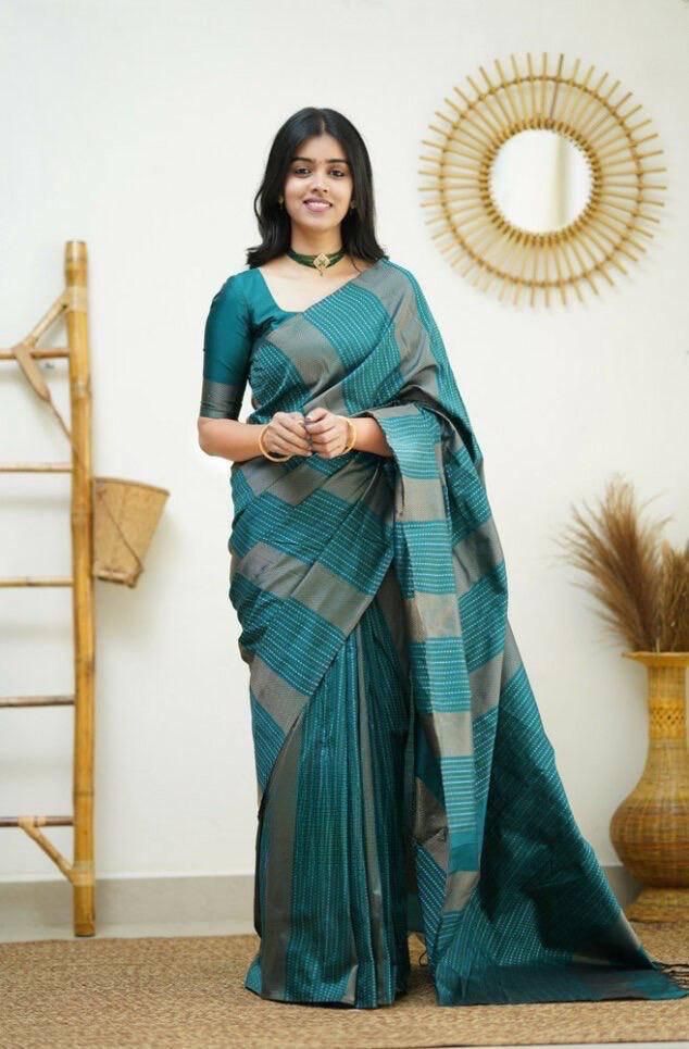 Twinkling Rama Green Color Soft Lichi Silk Saree With Blouse Piece