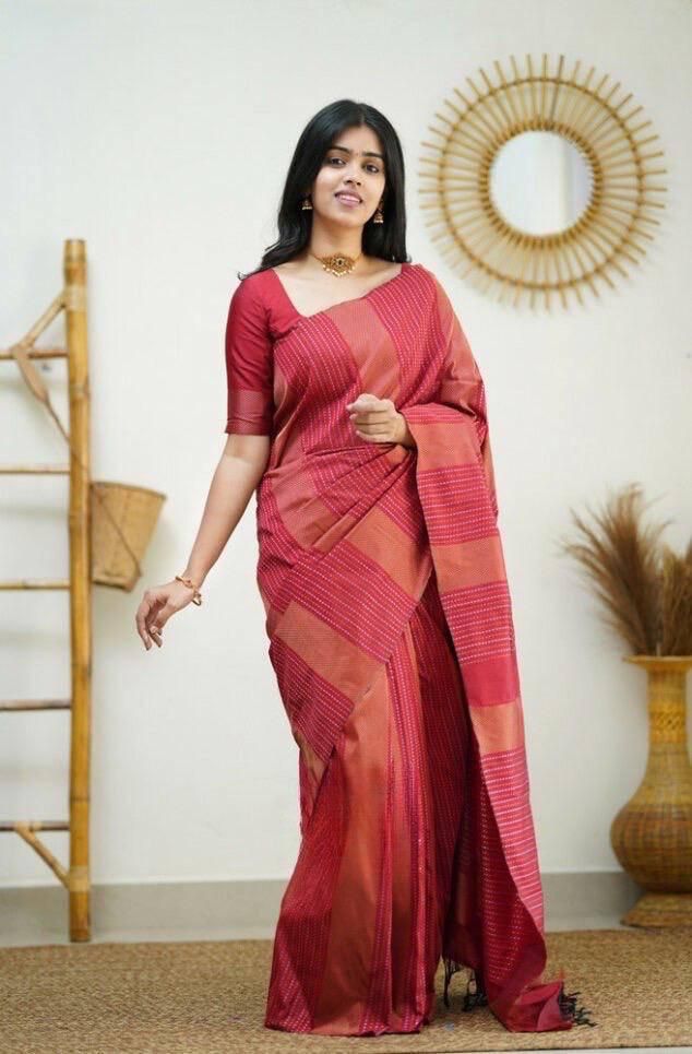 Palatial Red Color Soft Lichi Silk Saree With Blouse Piece