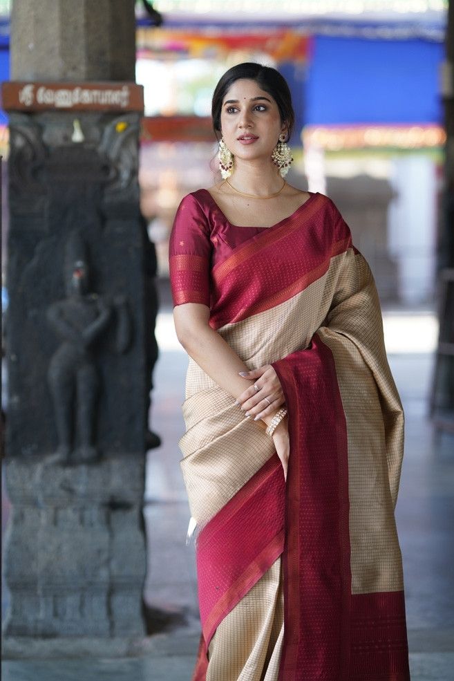 Trendsetting Beige Color Soft Lichi Silk Saree With Blouse Piece