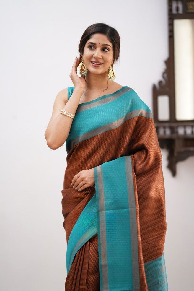 Resplendent Brown Color Soft Lichi Silk Saree With Blouse Piece