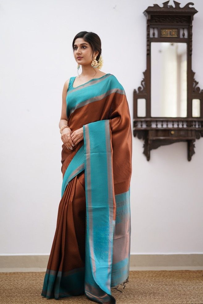 Resplendent Brown Color Soft Lichi Silk Saree With Blouse Piece