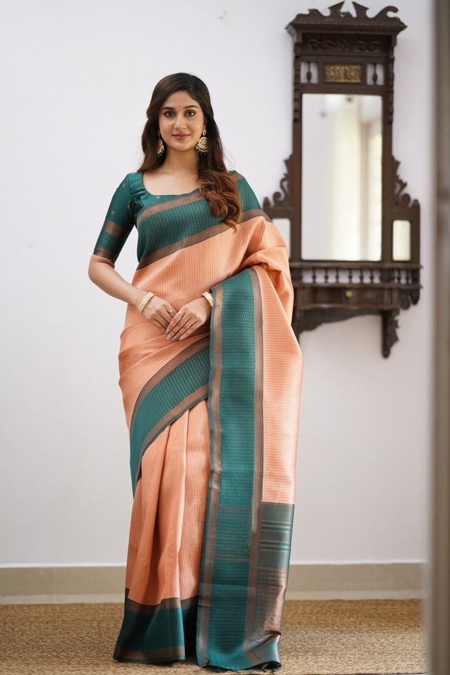 Luminous Peach Color Soft Lichi Silk Saree With Blouse Piece