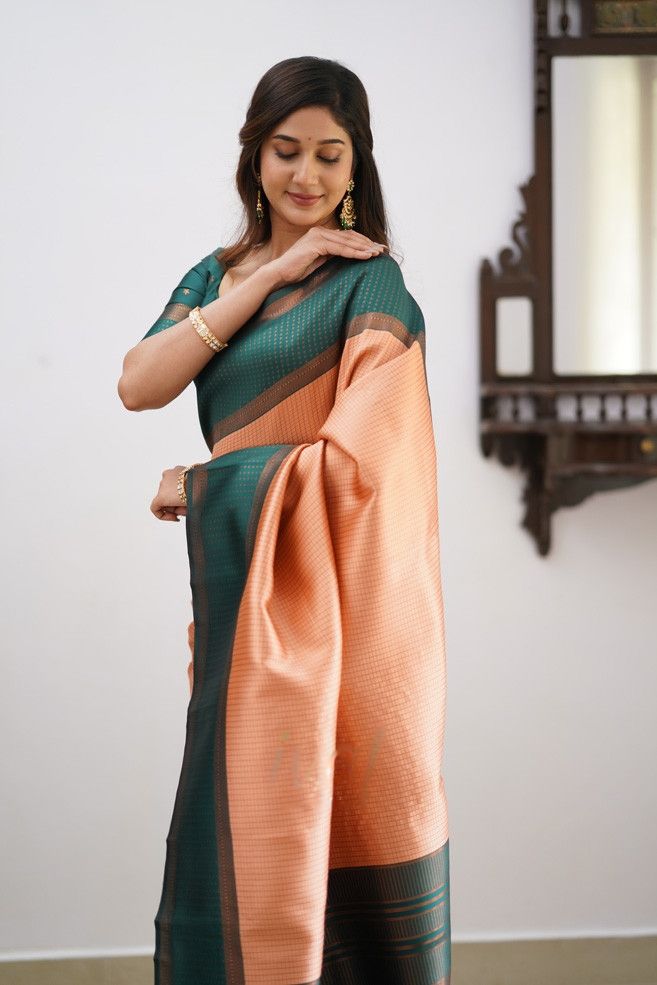 Luminous Peach Color Soft Lichi Silk Saree With Blouse Piece