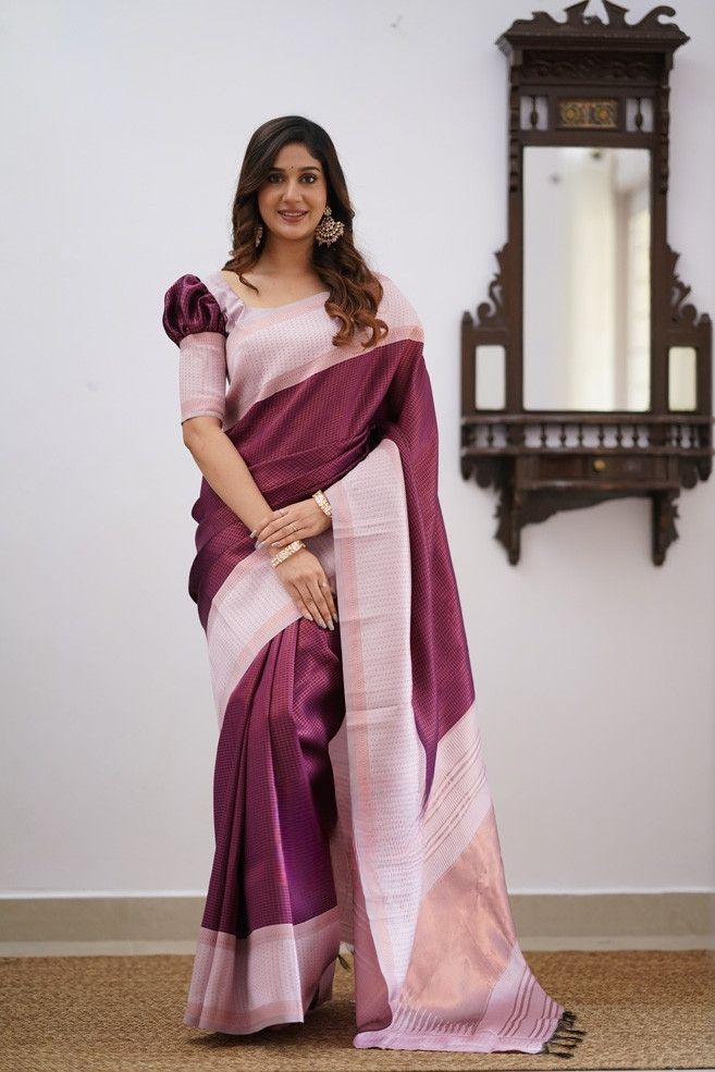 Heavenly Wine Color Soft Lichi Silk Saree With Blouse Piece