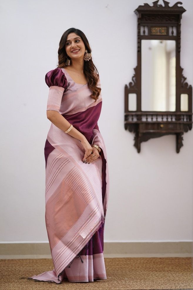 Heavenly Wine Color Soft Lichi Silk Saree With Blouse Piece