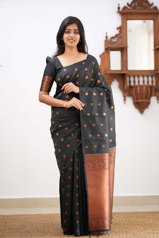 Arousing Black Color Soft Lichi Silk Saree With Blouse Piece