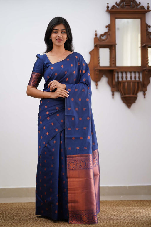 Mystical Blue Color Soft Lichi Silk Saree With Blouse Piece