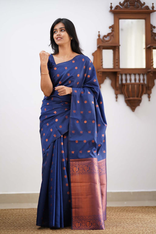 Mystical Blue Color Soft Lichi Silk Saree With Blouse Piece