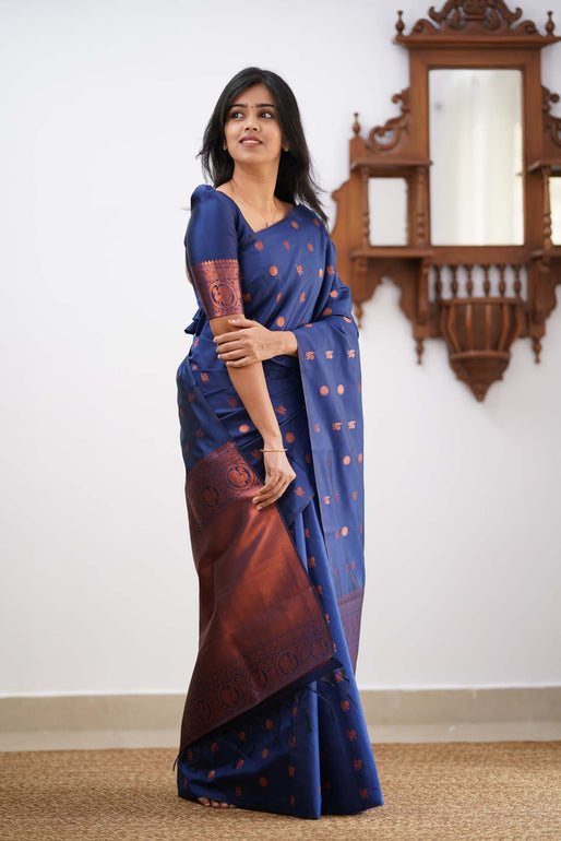 Mystical Blue Color Soft Lichi Silk Saree With Blouse Piece