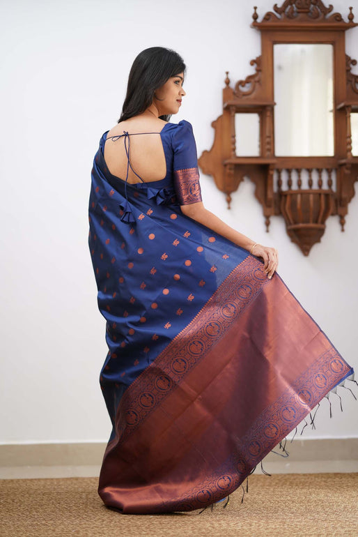 Mystical Blue Color Soft Lichi Silk Saree With Blouse Piece