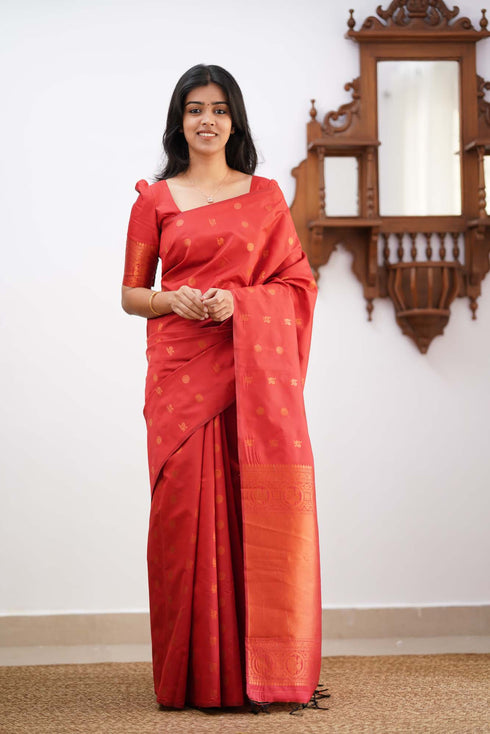 Luxurious Red Color Soft Lichi Silk Saree With Blouse Piece