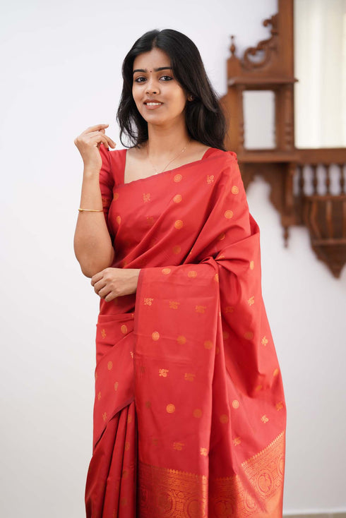 Luxurious Red Color Soft Lichi Silk Saree With Blouse Piece