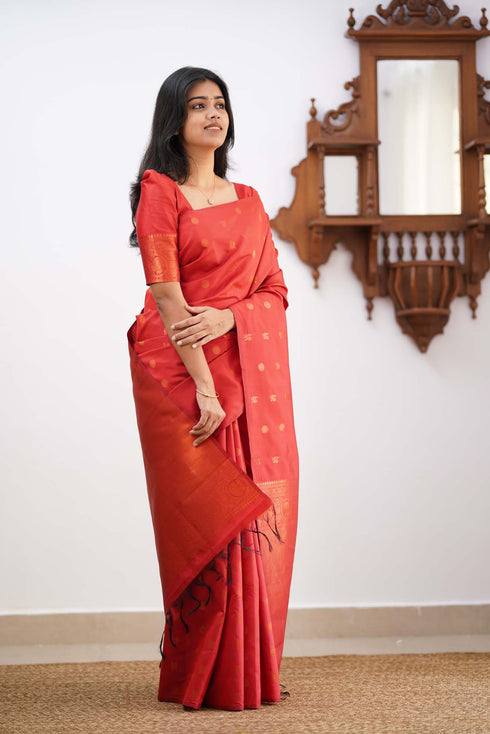 Luxurious Red Color Soft Lichi Silk Saree With Blouse Piece