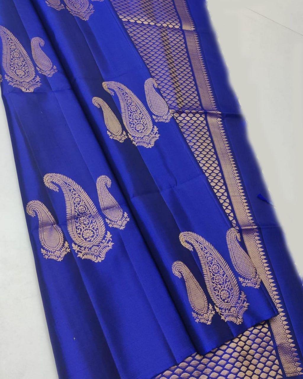 Blissful Royal Blue Color Soft Lichi Silk Saree With Blouse Piece