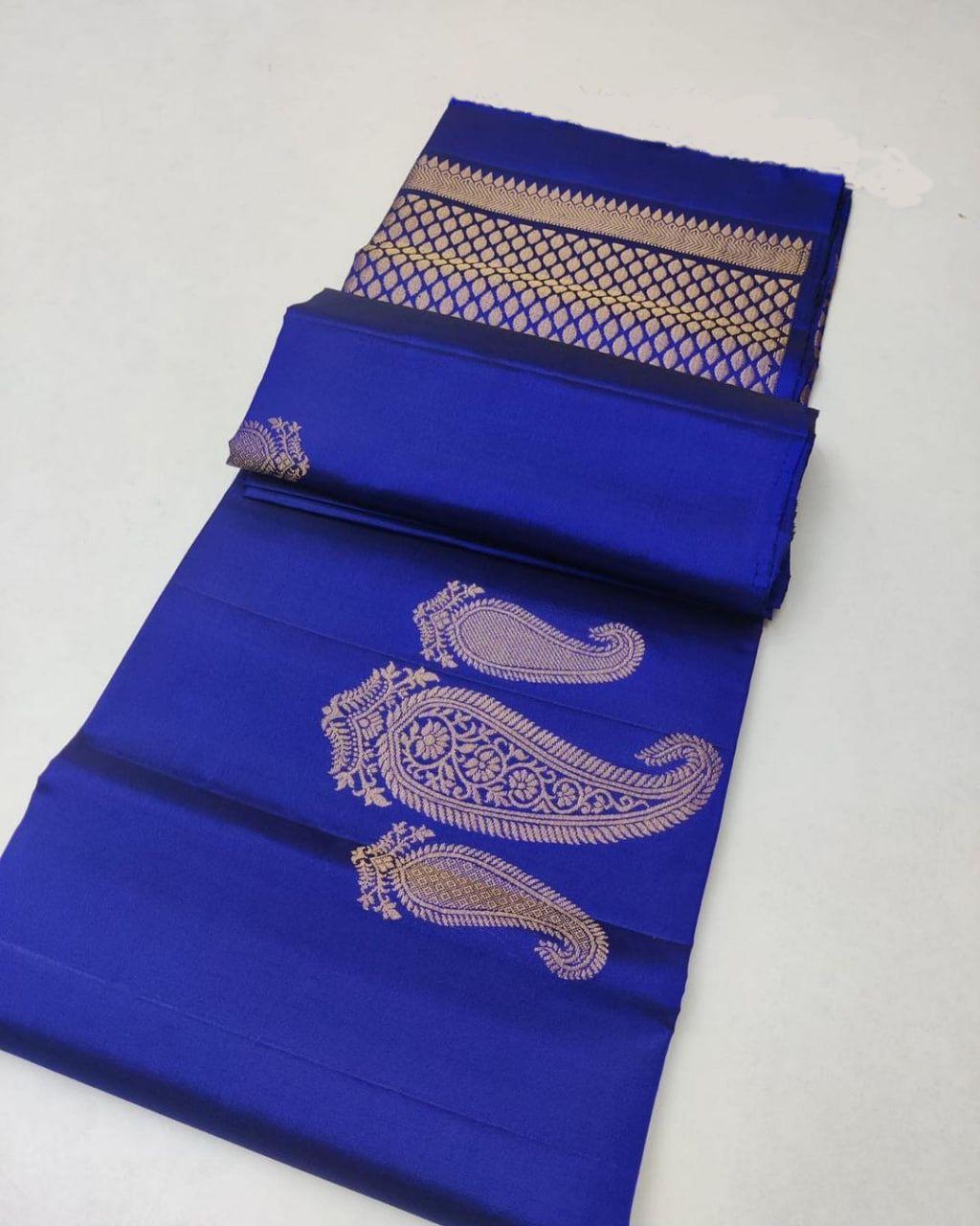 Blissful Royal Blue Color Soft Lichi Silk Saree With Blouse Piece