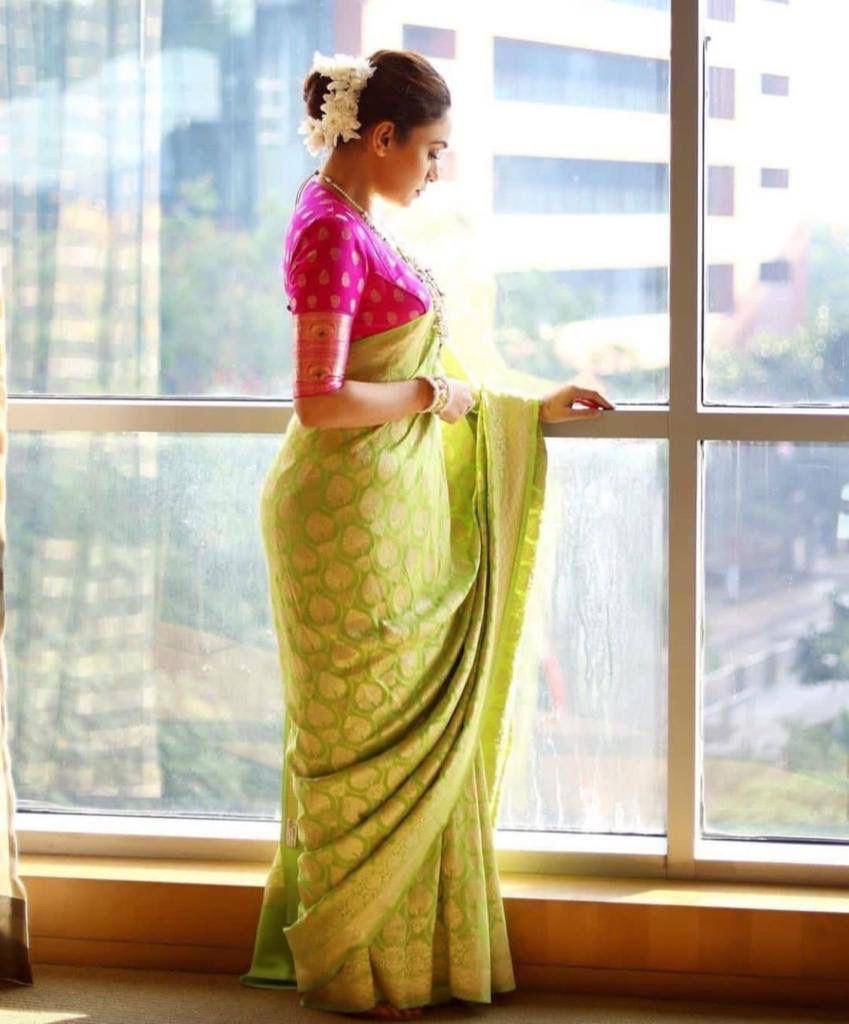 Mystical Parrot Green Color Soft Lichi Silk Saree
