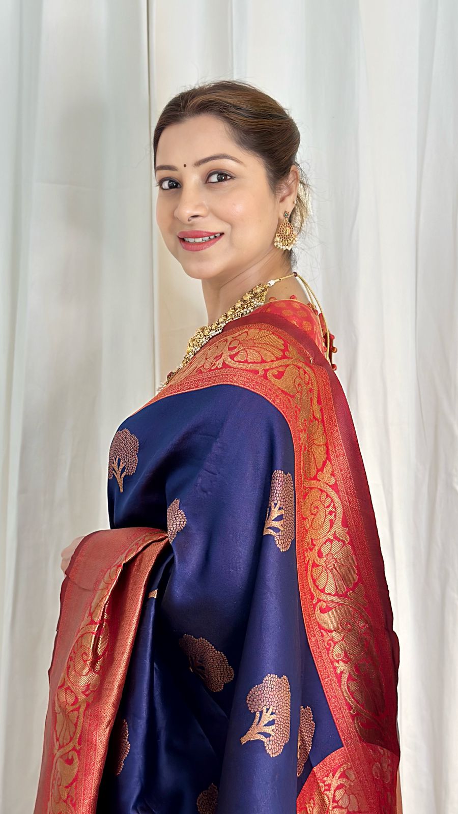 Navy Blue Color Banarasi Soft Silk Saree With Blouse Piece