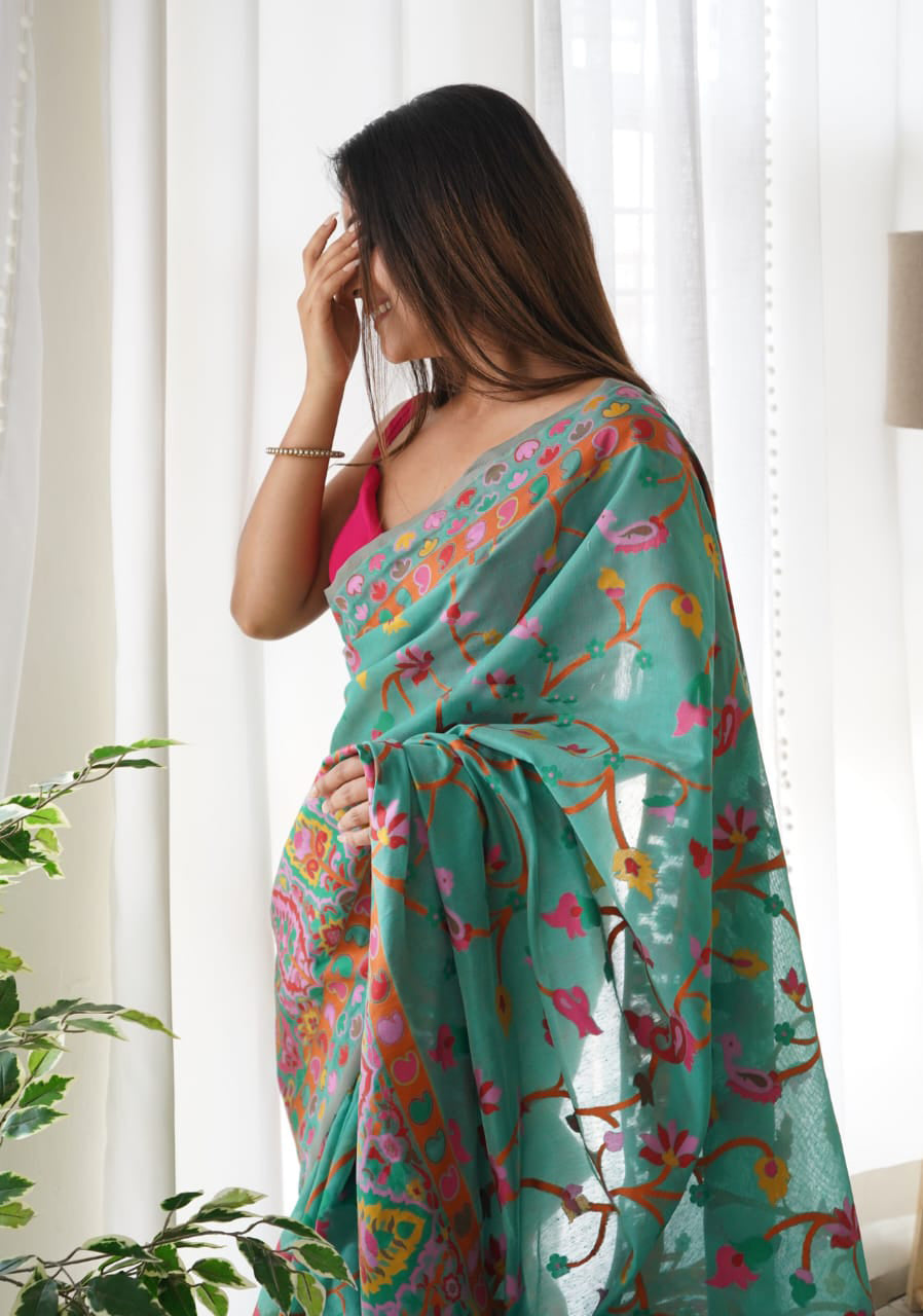 Rama Green Color Pashmina Linen Silk Saree