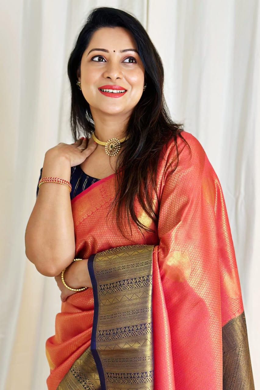 Regal Peach Color Soft Lichi Silk Saree