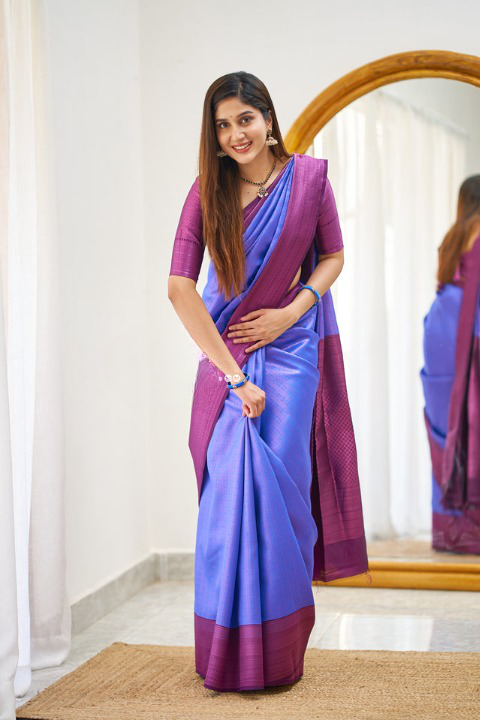 Royal Blue Color Soft Lichi Silk Saree With Blouse Piece