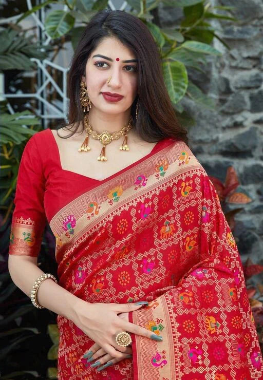 Breathtaking Red Color Banarasi Soft Silk Saree With Blouse Piece