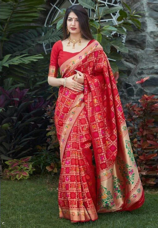 Breathtaking Red Color Banarasi Soft Silk Saree With Blouse Piece