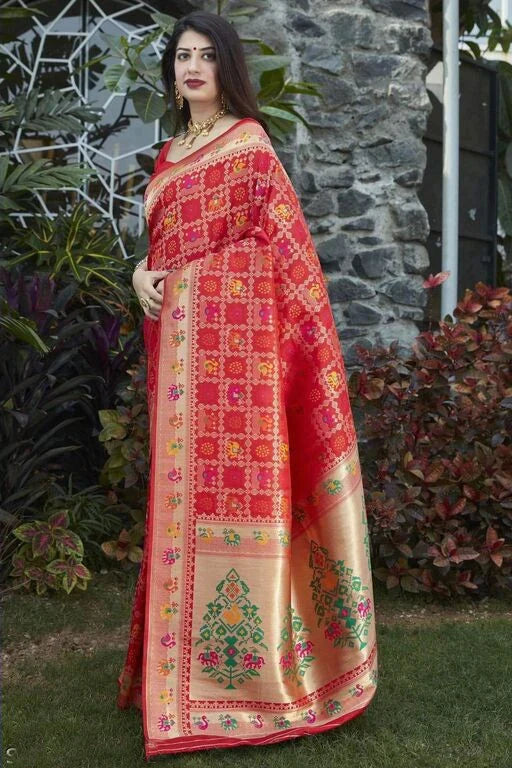 Breathtaking Red Color Banarasi Soft Silk Saree With Blouse Piece