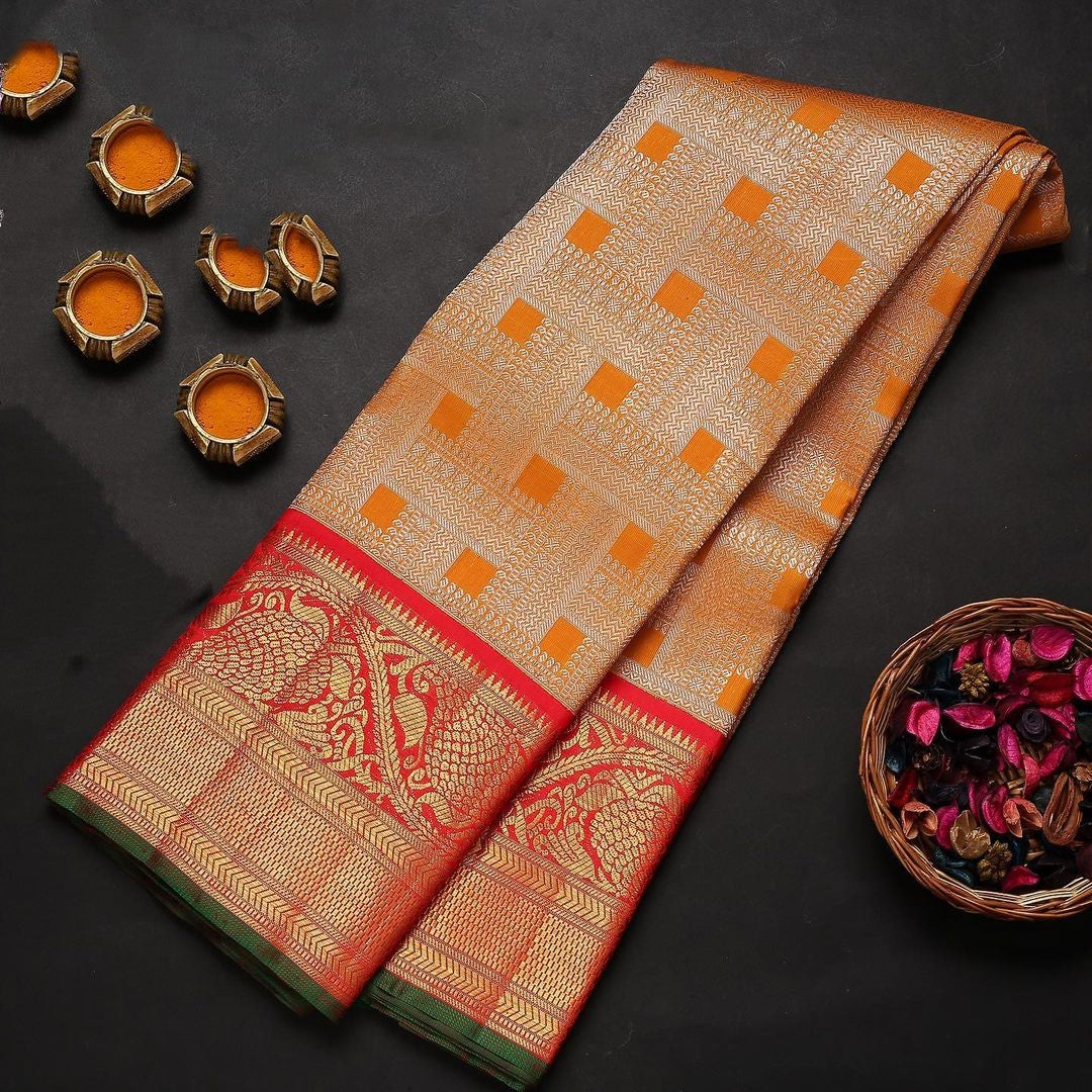 Mellifluous Orange Color Banarasi Soft Silk Saree With Blouse Piece