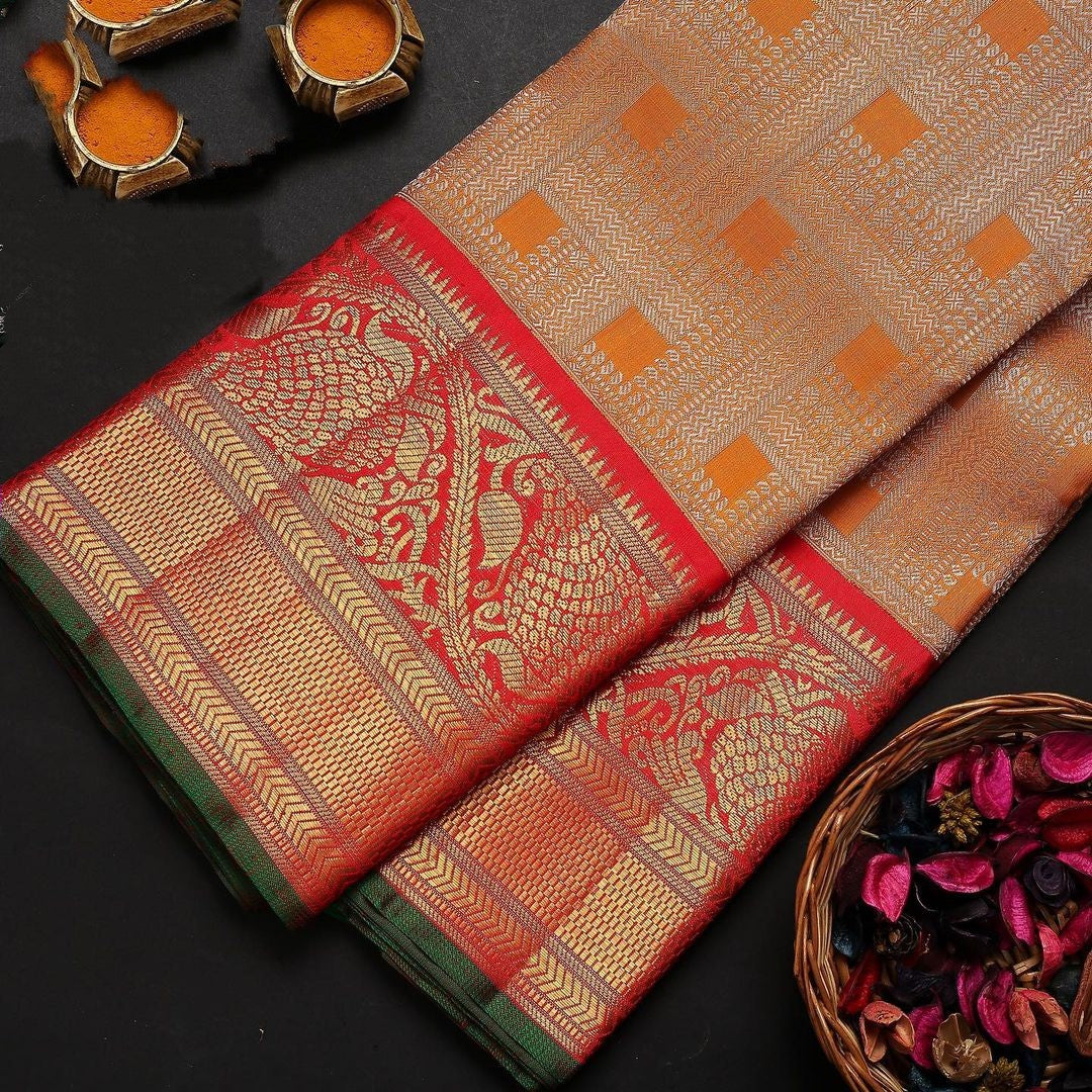 Mellifluous Orange Color Banarasi Soft Silk Saree With Blouse Piece