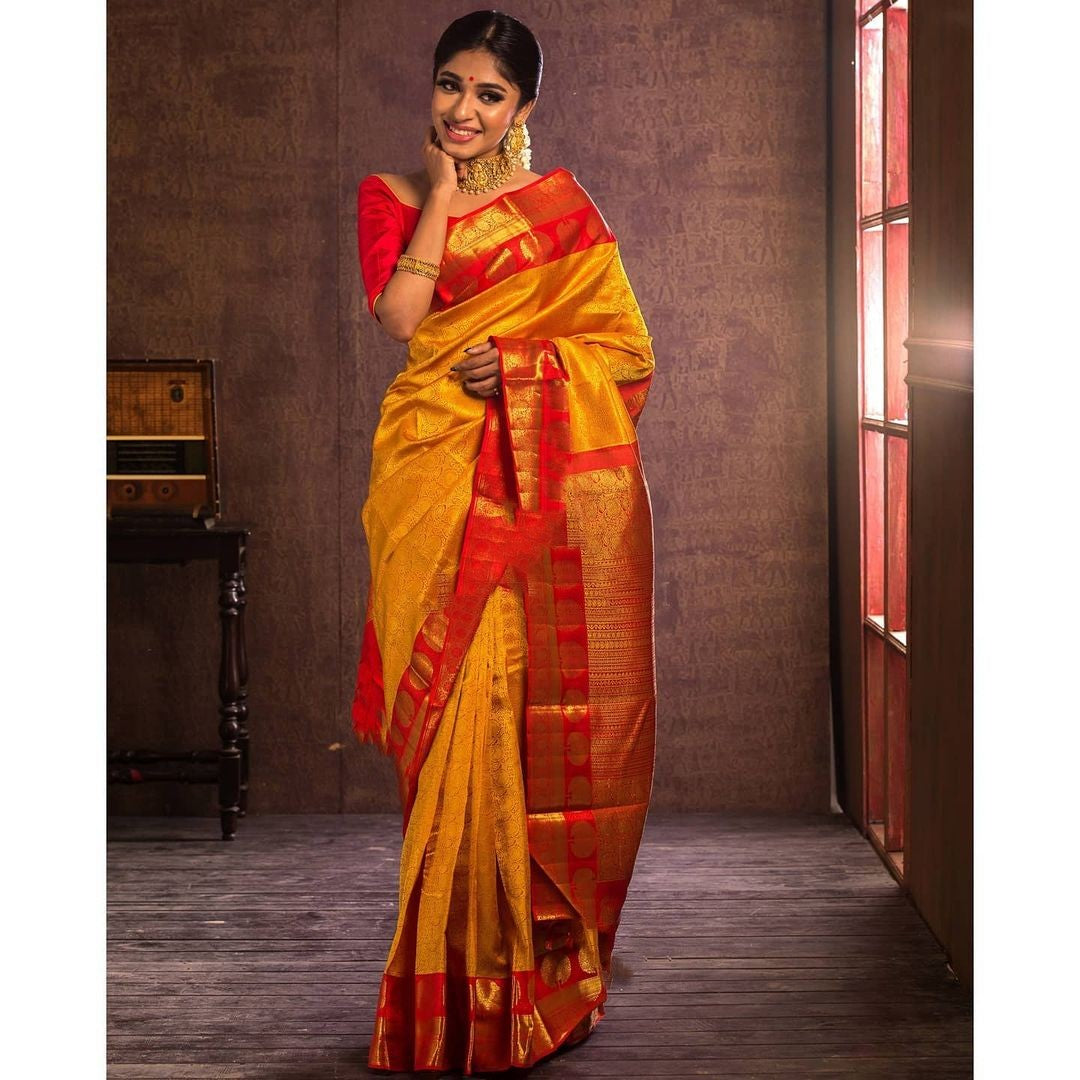 Mystical Yellow Color Banarasi Soft Silk Saree With Blouse Piece