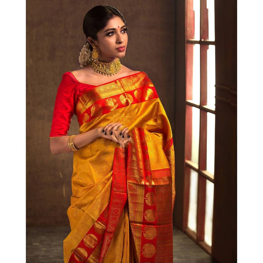 Mystical Yellow Color Banarasi Soft Silk Saree With Blouse Piece