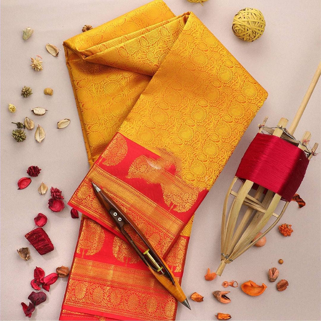 Mystical Yellow Color Banarasi Soft Silk Saree With Blouse Piece