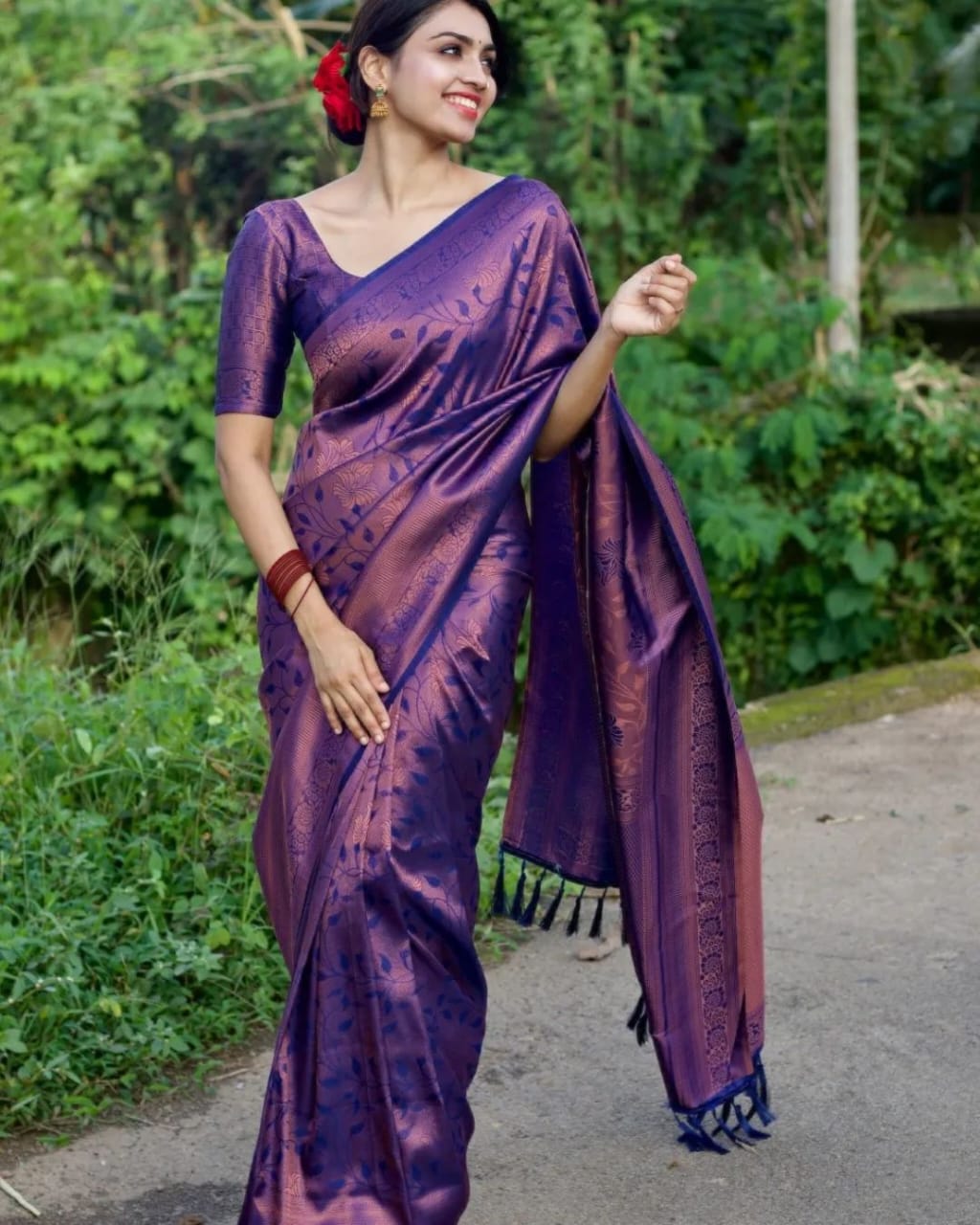 Glazed Navy Blue Color Banarasi Soft Silk Saree With Blouse Piece