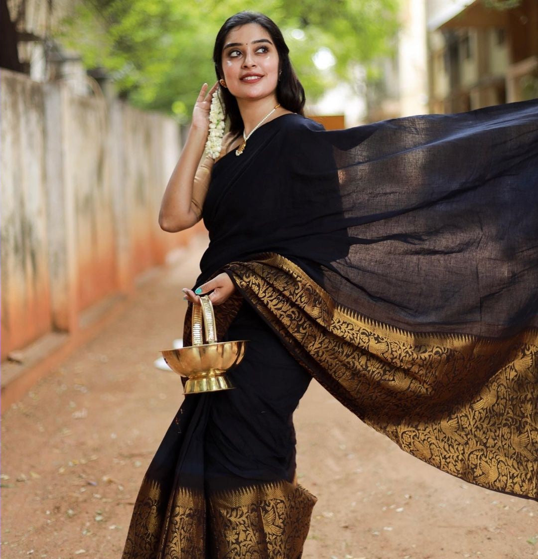 Polished Black Color Soft Lichi Silk Saree With Blouse Piece