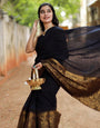 Polished Black Color Soft Lichi Silk Saree With Blouse Piece