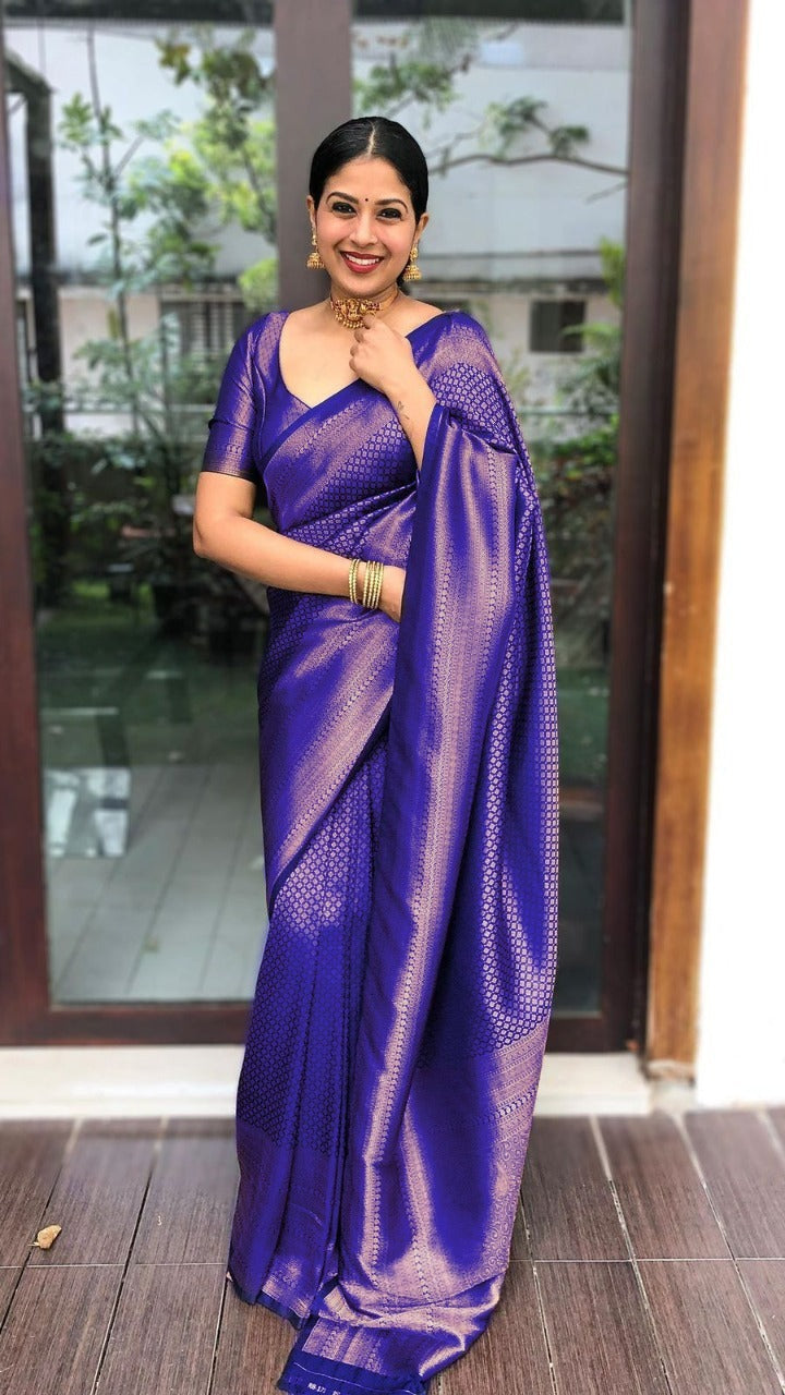 Wispy Blue Color Banarasi Soft Silk Saree With Blouse Piece